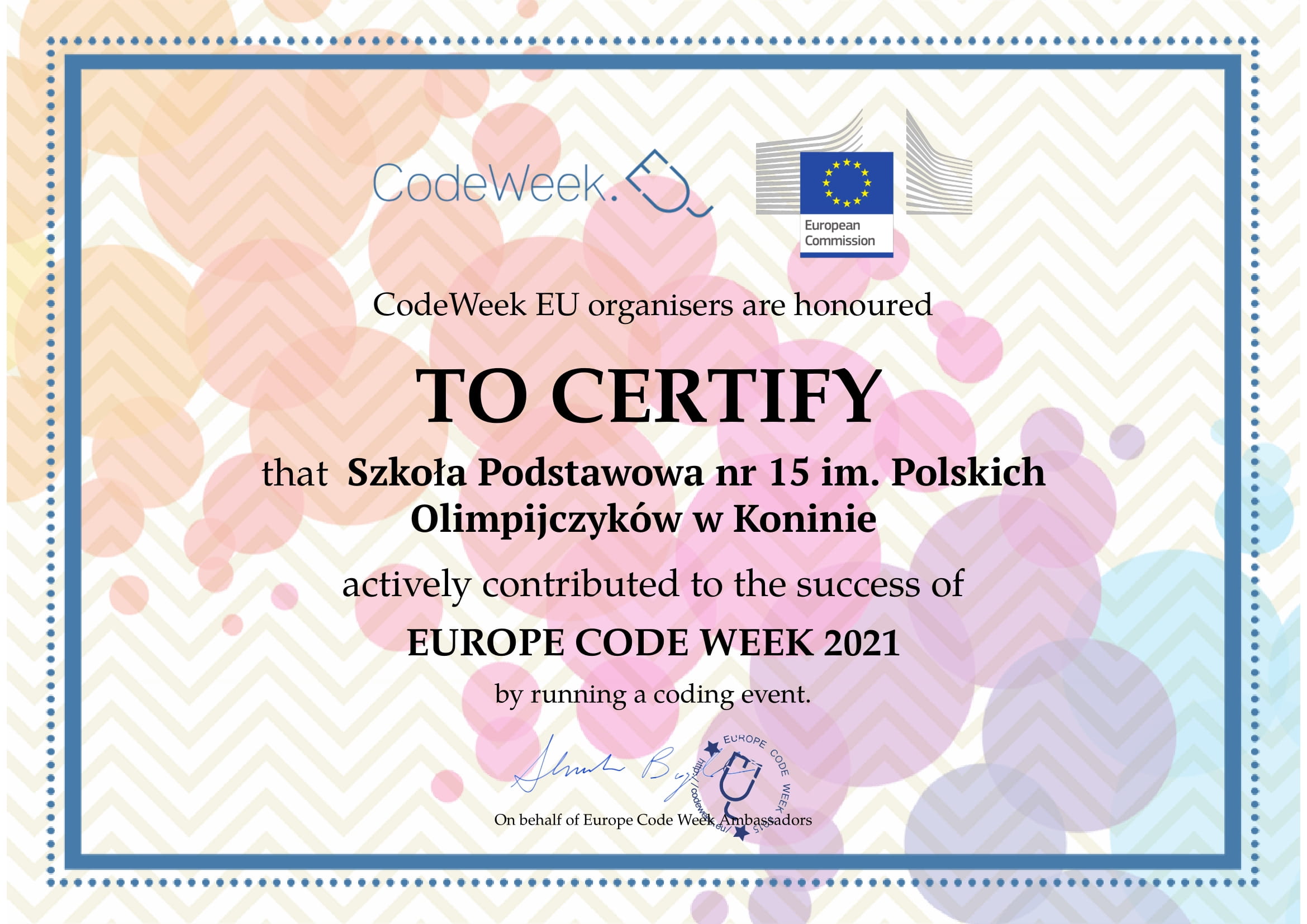 Certyfikat CodeWeek dla szkoły