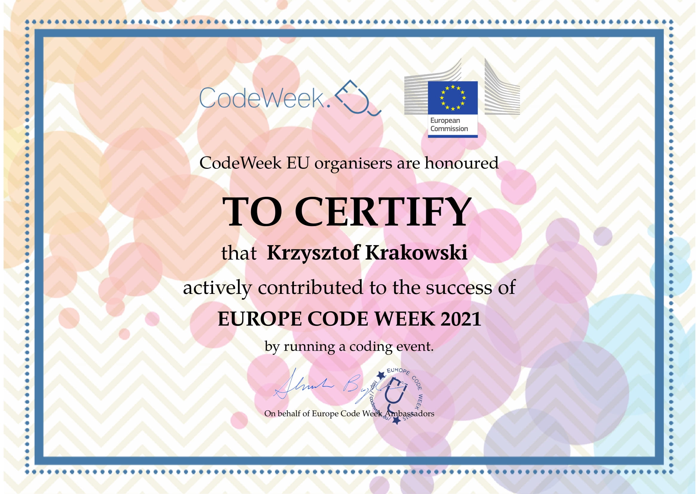 Certyfikat CodeWeek dla nauczyciela